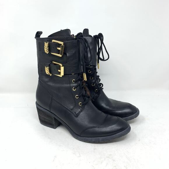 Donald J Pliner Black Leather Combat Boot Buckles Gold Detail Size 5.5 M - Picture 1 of 10